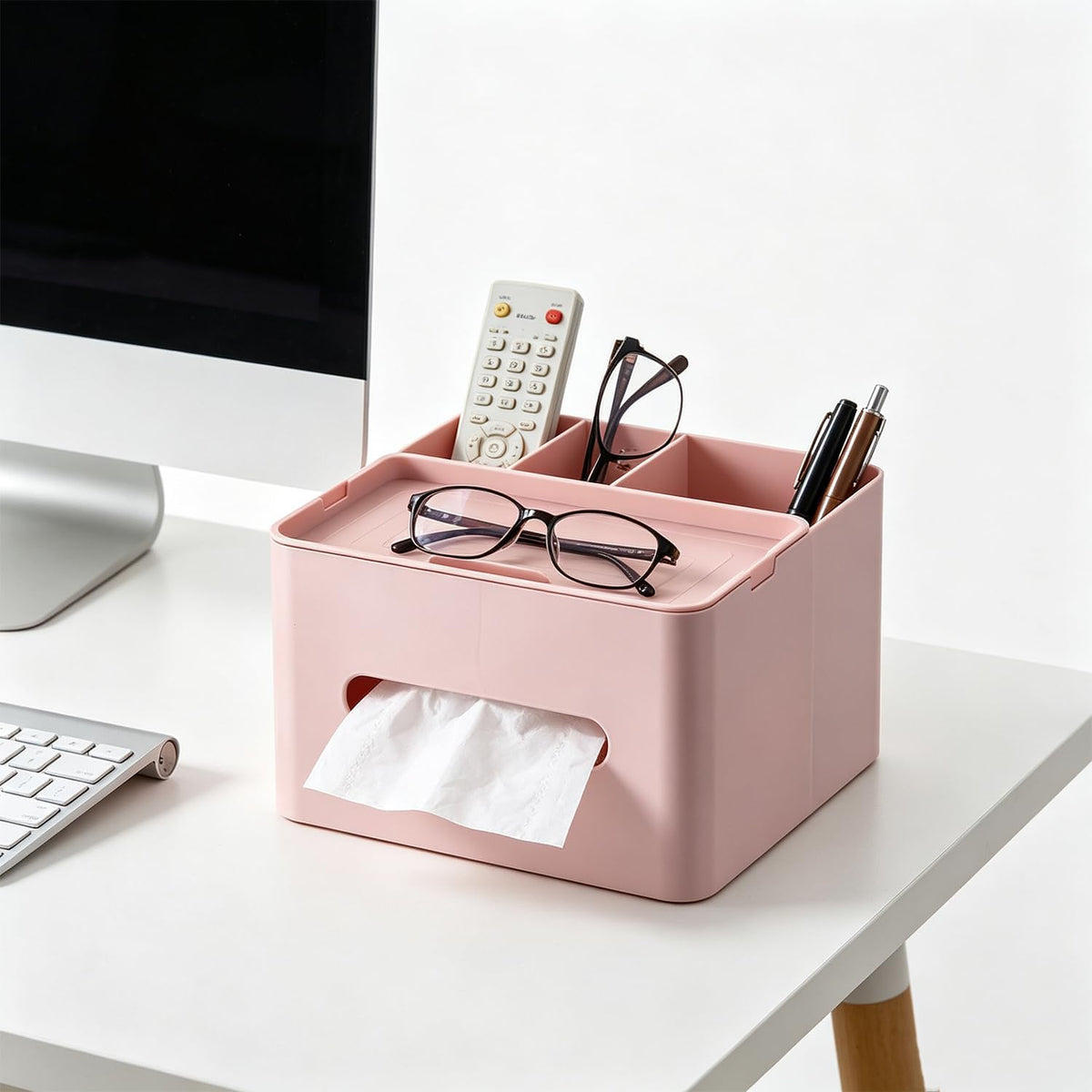 5-in-1 Tissue Box Holder with Storage Caddy, 20cm Plastic Multifunction Countertop Organizer, 3X Compartments 1x Top Tray, Ideal for Office, Home, Vanity, Makeup & Stationery (Pink)