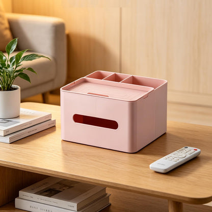 5-in-1 Tissue Box Holder with Storage Caddy, 20cm Plastic Multifunction Countertop Organizer, 3X Compartments 1x Top Tray, Ideal for Office, Home, Vanity, Makeup & Stationery (Pink)