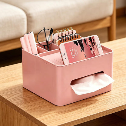 5-in-1 Tissue Box Holder with Storage Caddy, 20cm Plastic Multifunction Countertop Organizer, 3X Compartments 1x Top Tray, Ideal for Office, Home, Vanity, Makeup & Stationery (Pink)