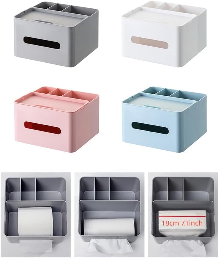 5-in-1 Tissue Box Holder with Storage Caddy, 20cm Plastic Multifunction Countertop Organizer, 3X Compartments 1x Top Tray, Ideal for Office, Home, Vanity, Makeup & Stationery (Pink)
