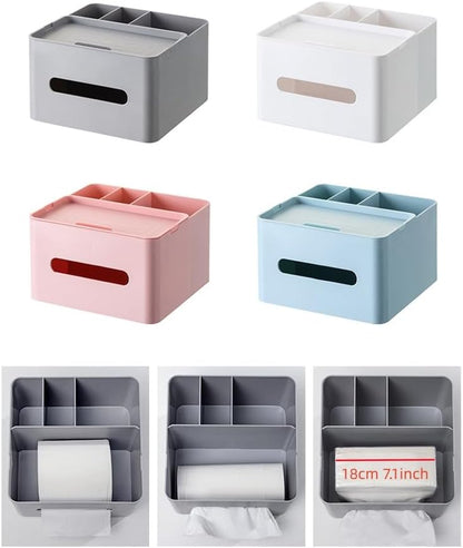 5-in-1 Tissue Box Holder with Storage Caddy, 20cm Plastic Multifunction Countertop Organizer, 3X Compartments 1x Top Tray, Ideal for Office, Home, Vanity, Makeup & Stationery (Pink)