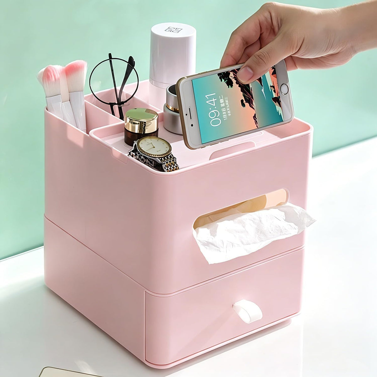 5-in-1 Tissue Box Holder with Storage Caddy, 20cm Plastic Multifunction Countertop Organizer, 3X Compartments 1x Top Tray, Ideal for Office, Home, Vanity, Makeup & Stationery (Pink)