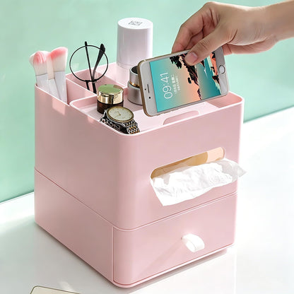 5-in-1 Tissue Box Holder with Storage Caddy, 20cm Plastic Multifunction Countertop Organizer, 3X Compartments 1x Top Tray, Ideal for Office, Home, Vanity, Makeup & Stationery (Pink)