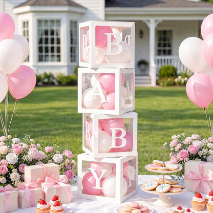 Baby Boxes for Baby Shower Decoration with 8 Letters and 36 Balloons 4pcs Clear Balloon Boxes BABY Blocks for Girls Birthday Party Decorations(Pink)