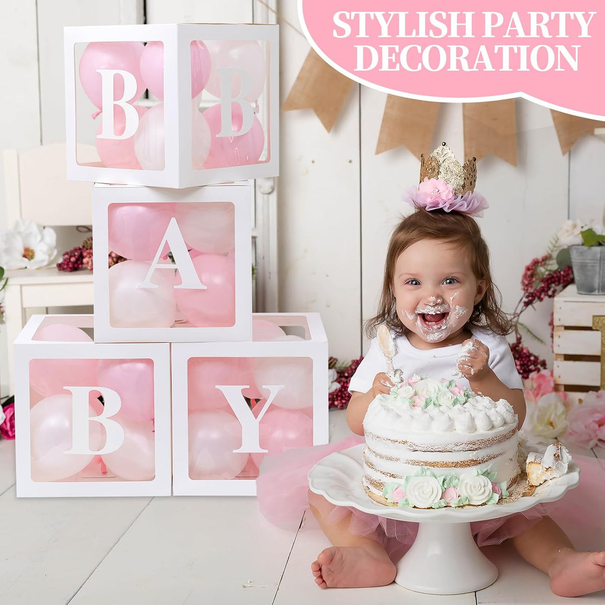 Baby Boxes for Baby Shower Decoration with 8 Letters and 36 Balloons 4pcs Clear Balloon Boxes BABY Blocks for Girls Birthday Party Decorations(Pink)