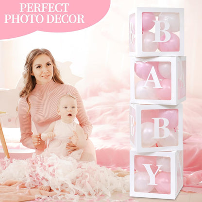 Baby Boxes for Baby Shower Decoration with 8 Letters and 36 Balloons 4pcs Clear Balloon Boxes BABY Blocks for Girls Birthday Party Decorations(Pink)