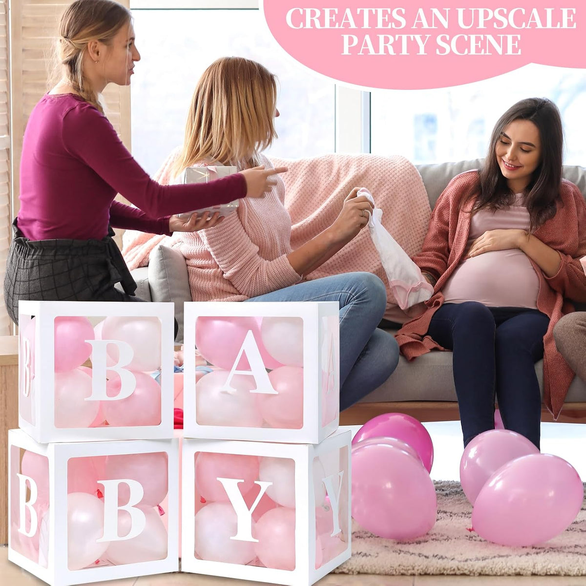 Baby Boxes for Baby Shower Decoration with 8 Letters and 36 Balloons 4pcs Clear Balloon Boxes BABY Blocks for Girls Birthday Party Decorations(Pink)