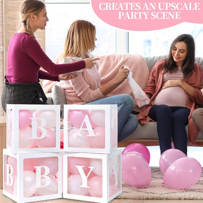Baby Boxes for Baby Shower Decoration with 8 Letters and 36 Balloons 4pcs Clear Balloon Boxes BABY Blocks for Girls Birthday Party Decorations(Pink)