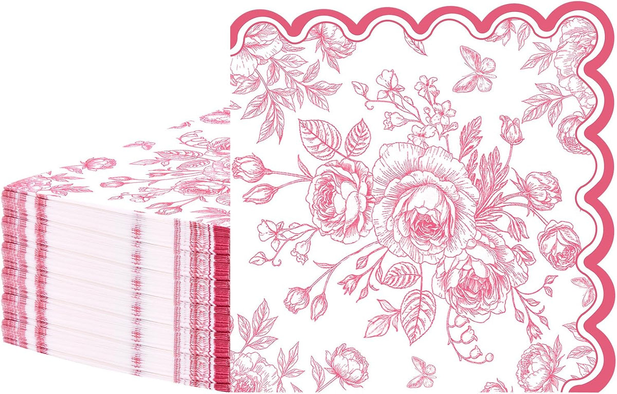 50 Pcs Pink Floral Napkins, Pink and White Toile Disposable Paper Napkins Flower Bouquet Disposable Napkin for Bridal Baby Shower, Wedding, Tea Party