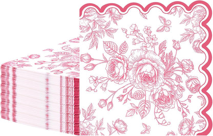 50 Pcs Pink Floral Napkins, Pink and White Toile Disposable Paper Napkins Flower Bouquet Disposable Napkin for Bridal Baby Shower, Wedding, Tea Party