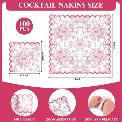 50 Pcs Pink Floral Napkins, Pink and White Toile Disposable Paper Napkins Flower Bouquet Disposable Napkin for Bridal Baby Shower, Wedding, Tea Party