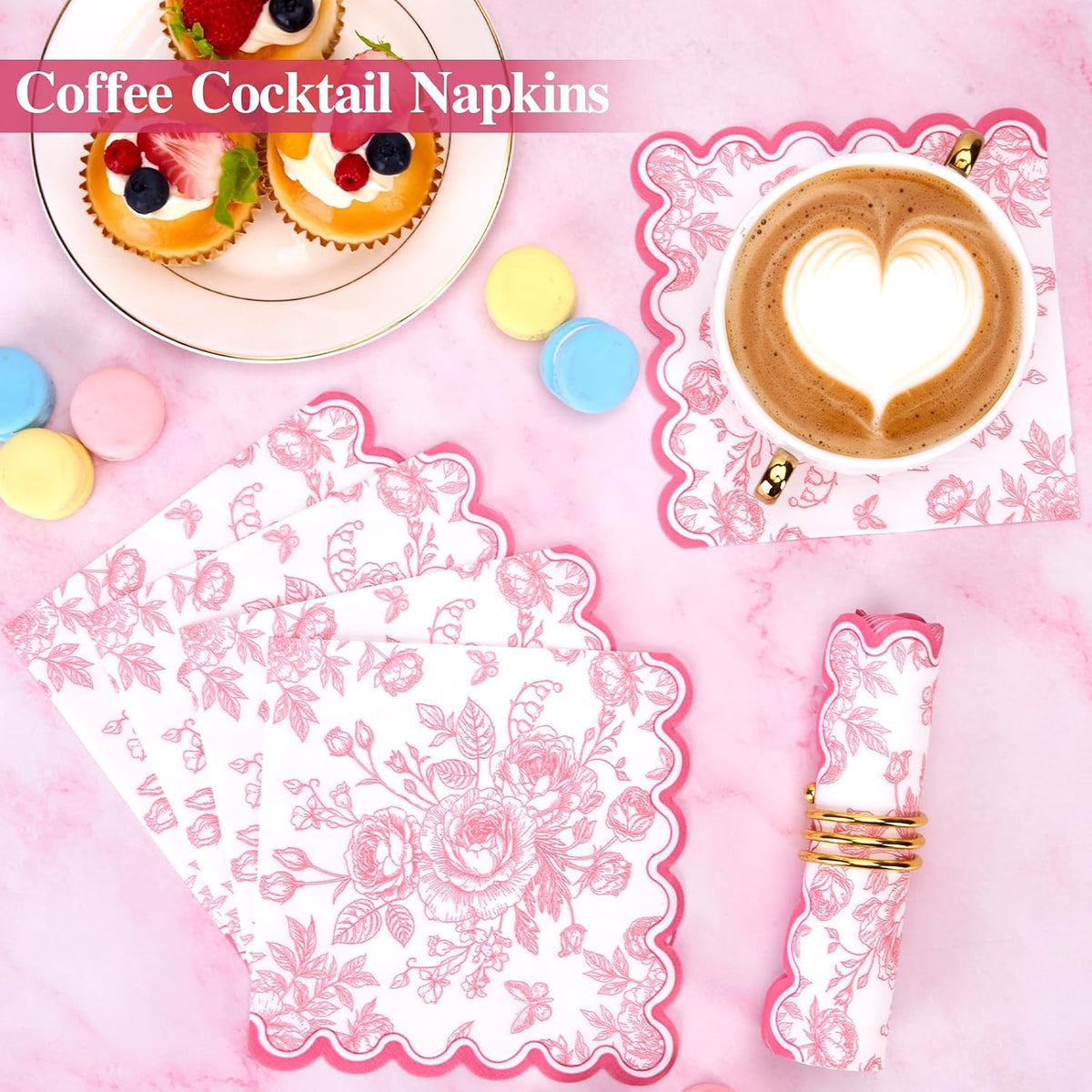 50 Pcs Pink Floral Napkins, Pink and White Toile Disposable Paper Napkins Flower Bouquet Disposable Napkin for Bridal Baby Shower, Wedding, Tea Party