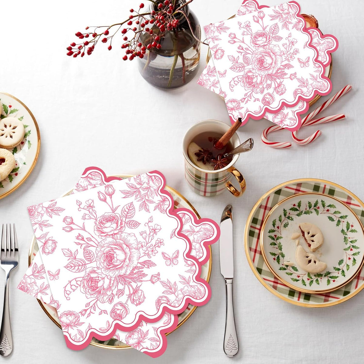 50 Pcs Pink Floral Napkins, Pink and White Toile Disposable Paper Napkins Flower Bouquet Disposable Napkin for Bridal Baby Shower, Wedding, Tea Party