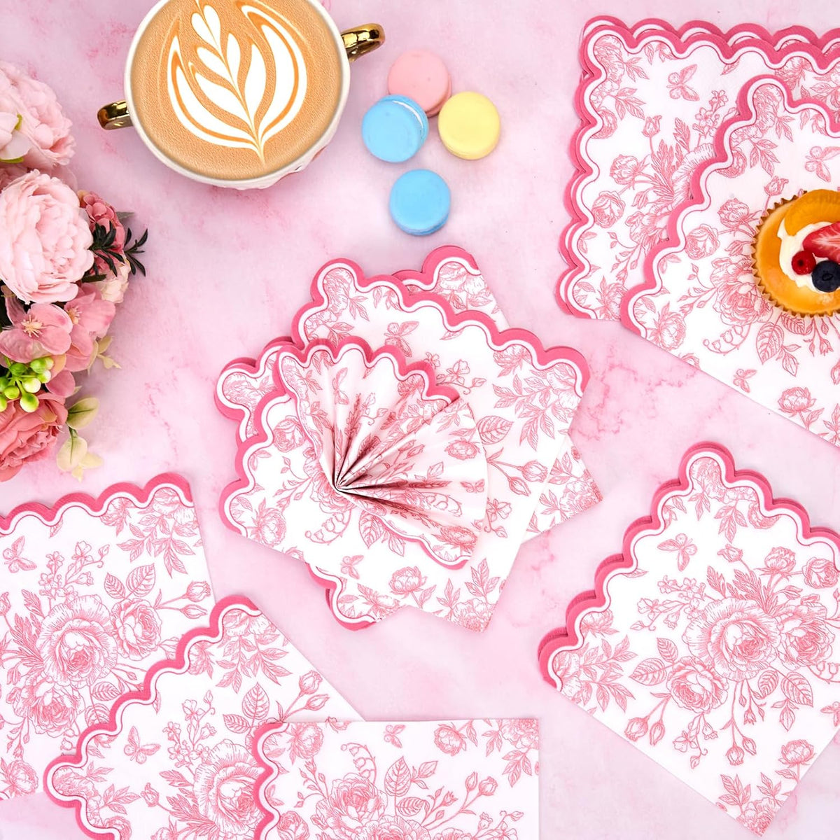 50 Pcs Pink Floral Napkins, Pink and White Toile Disposable Paper Napkins Flower Bouquet Disposable Napkin for Bridal Baby Shower, Wedding, Tea Party