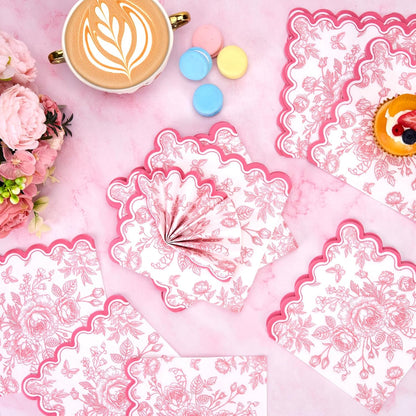 50 Pcs Pink Floral Napkins, Pink and White Toile Disposable Paper Napkins Flower Bouquet Disposable Napkin for Bridal Baby Shower, Wedding, Tea Party