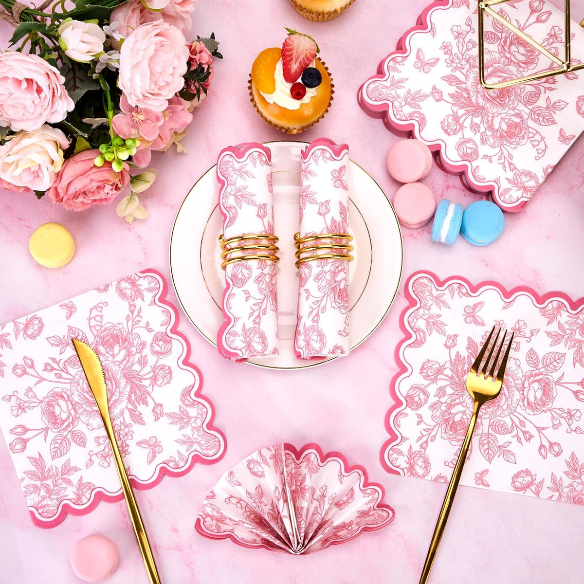 50 Pcs Pink Floral Napkins, Pink and White Toile Disposable Paper Napkins Flower Bouquet Disposable Napkin for Bridal Baby Shower, Wedding, Tea Party