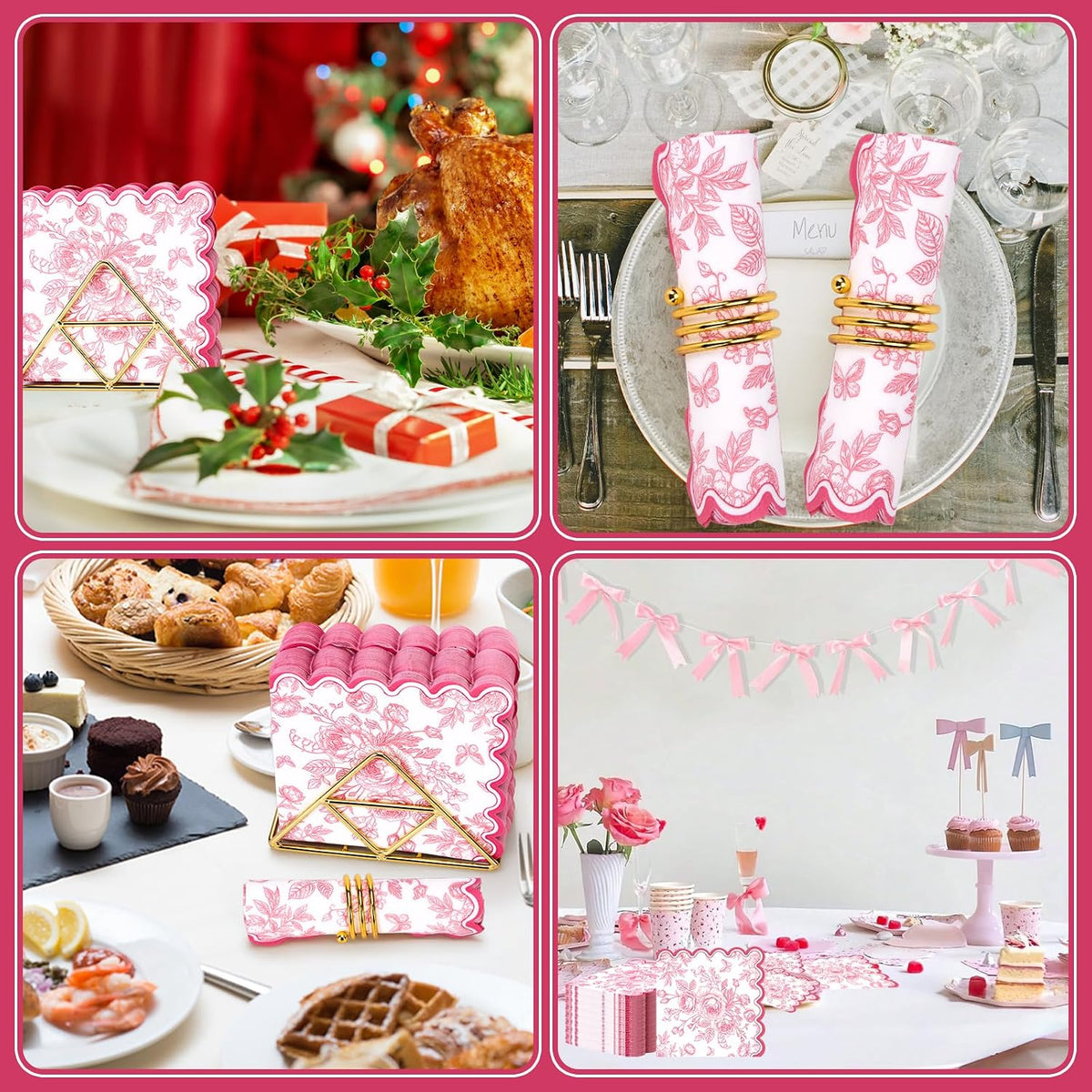 50 Pcs Pink Floral Napkins, Pink and White Toile Disposable Paper Napkins Flower Bouquet Disposable Napkin for Bridal Baby Shower, Wedding, Tea Party