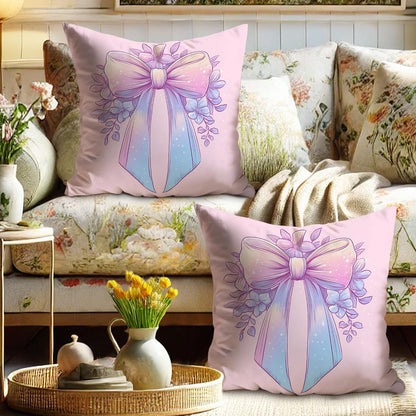 Pastel Bow Pillow Covers Set of 2, Peach Floral Decorative Throw Pillows, Spring Easter Home Decor Cushion Cases for Sofa Couch 20x20 Inch