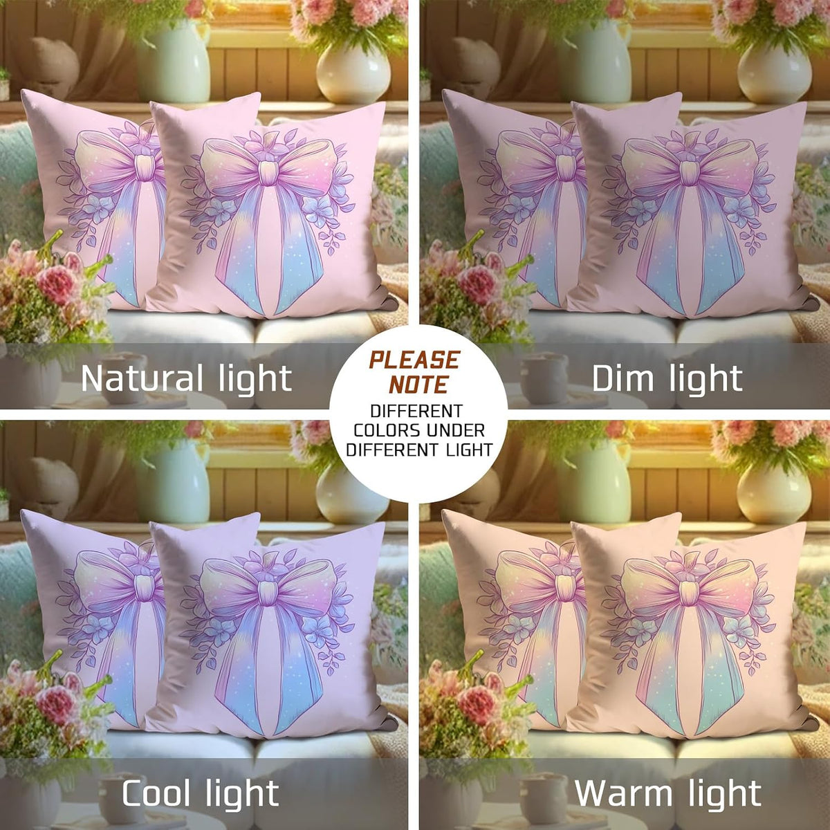 Pastel Bow Pillow Covers Set of 2, Peach Floral Decorative Throw Pillows, Spring Easter Home Decor Cushion Cases for Sofa Couch 20x20 Inch