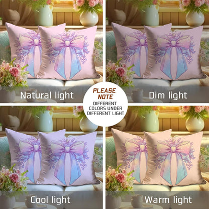 Pastel Bow Pillow Covers Set of 2, Peach Floral Decorative Throw Pillows, Spring Easter Home Decor Cushion Cases for Sofa Couch 20x20 Inch