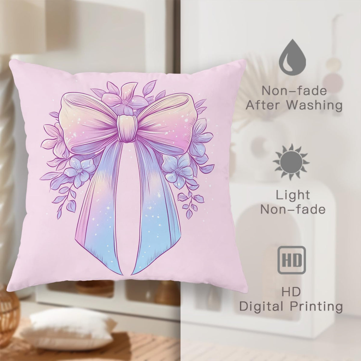 Pastel Bow Pillow Covers Set of 2, Peach Floral Decorative Throw Pillows, Spring Easter Home Decor Cushion Cases for Sofa Couch 20x20 Inch