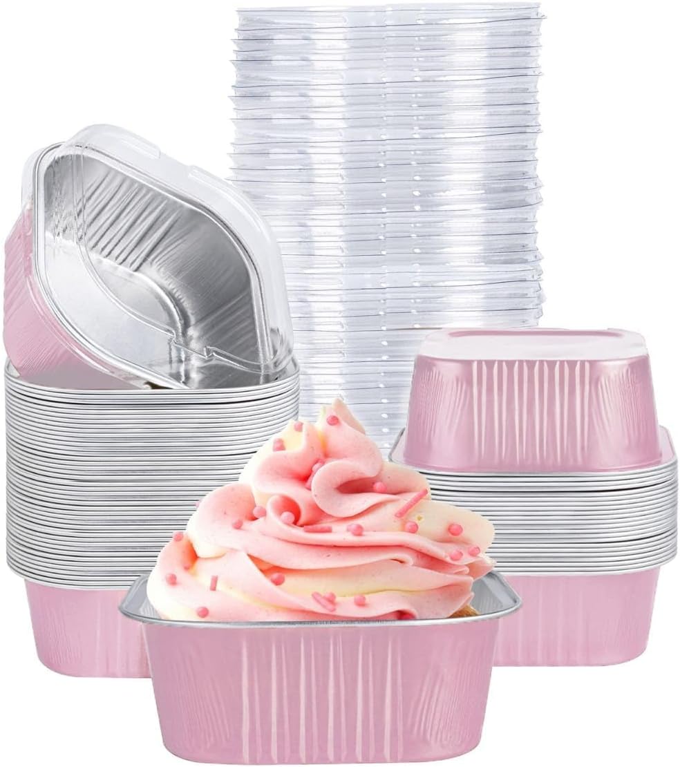 40 Pack Mini Cake Pans With Lids, 5oz Square Aluminum Foil Brownie Baking Cups, Muffin Tin Ramekins, Disposable Dessert Cupcake Cups for Wedding Birthday Party, Pink