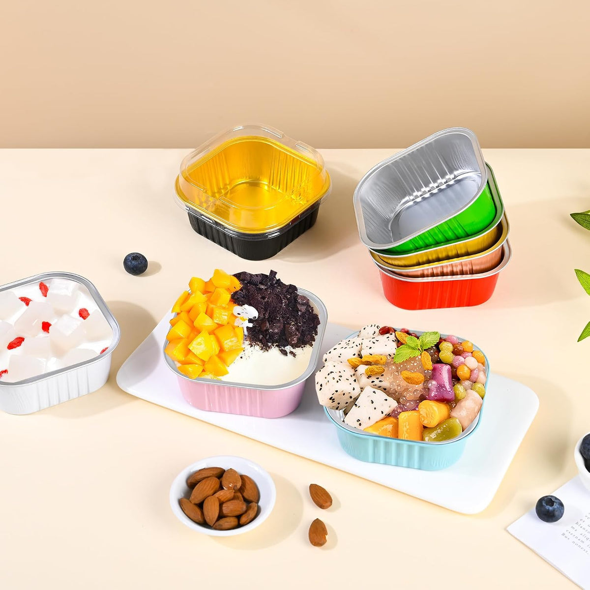 40 Pack Mini Cake Pans With Lids, 5oz Square Aluminum Foil Brownie Baking Cups, Muffin Tin Ramekins, Disposable Dessert Cupcake Cups for Wedding Birthday Party, Pink