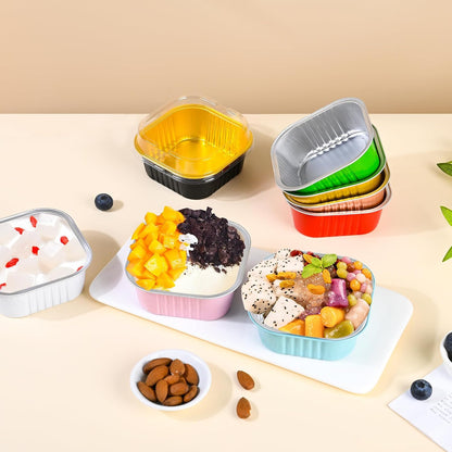 40 Pack Mini Cake Pans With Lids, 5oz Square Aluminum Foil Brownie Baking Cups, Muffin Tin Ramekins, Disposable Dessert Cupcake Cups for Wedding Birthday Party, Pink