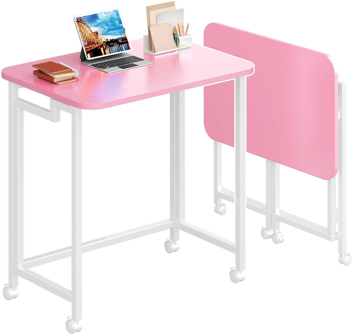 23.6" Mobile Small Rolling Computer Desk, Folding Laptop Cart Table with Wheels, Portable Office Desk for Small Space Couch Bed - Pink and White