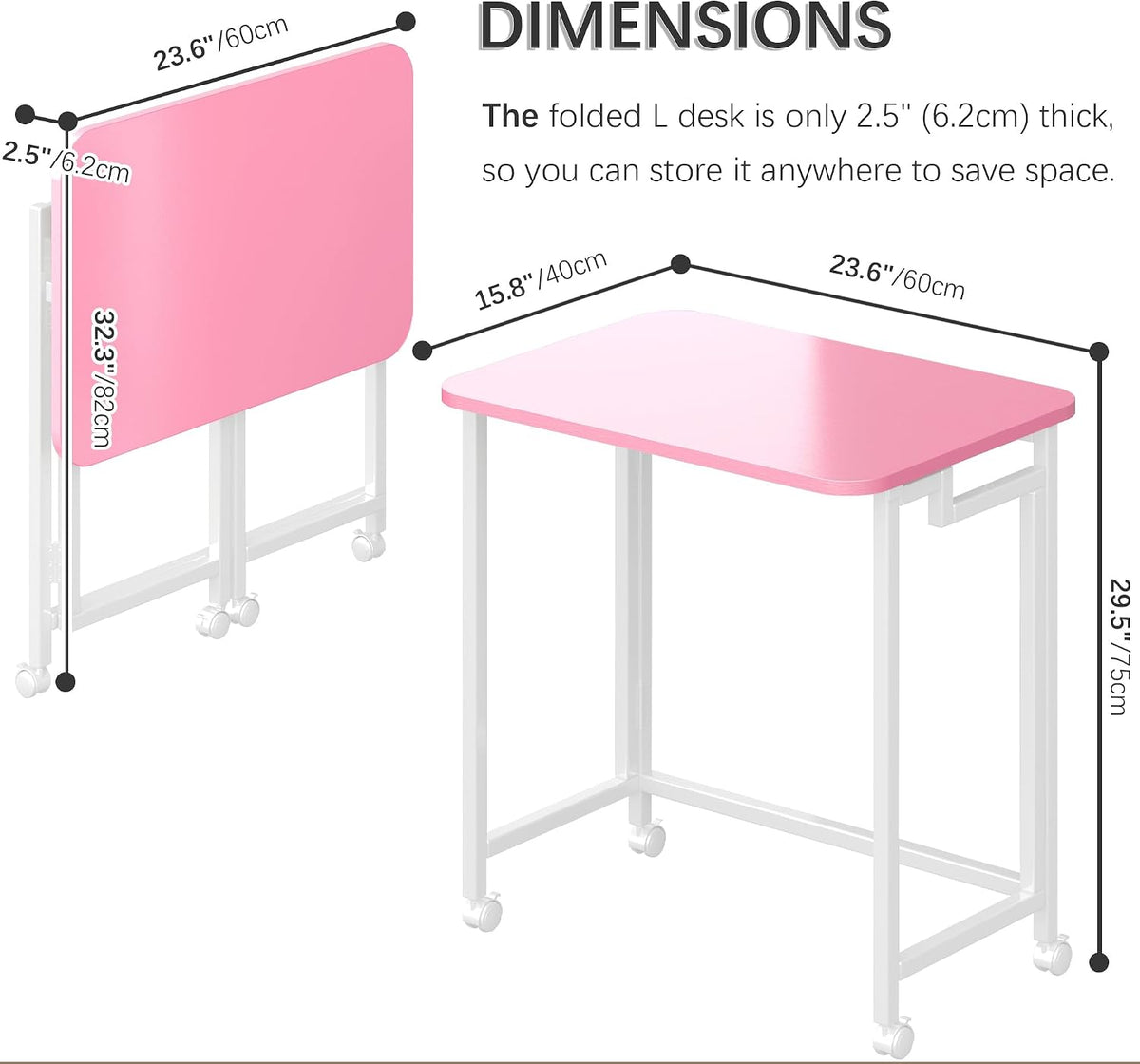 23.6" Mobile Small Rolling Computer Desk, Folding Laptop Cart Table with Wheels, Portable Office Desk for Small Space Couch Bed - Pink and White