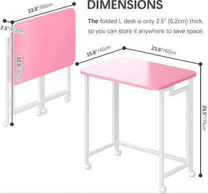 23.6" Mobile Small Rolling Computer Desk, Folding Laptop Cart Table with Wheels, Portable Office Desk for Small Space Couch Bed - Pink and White