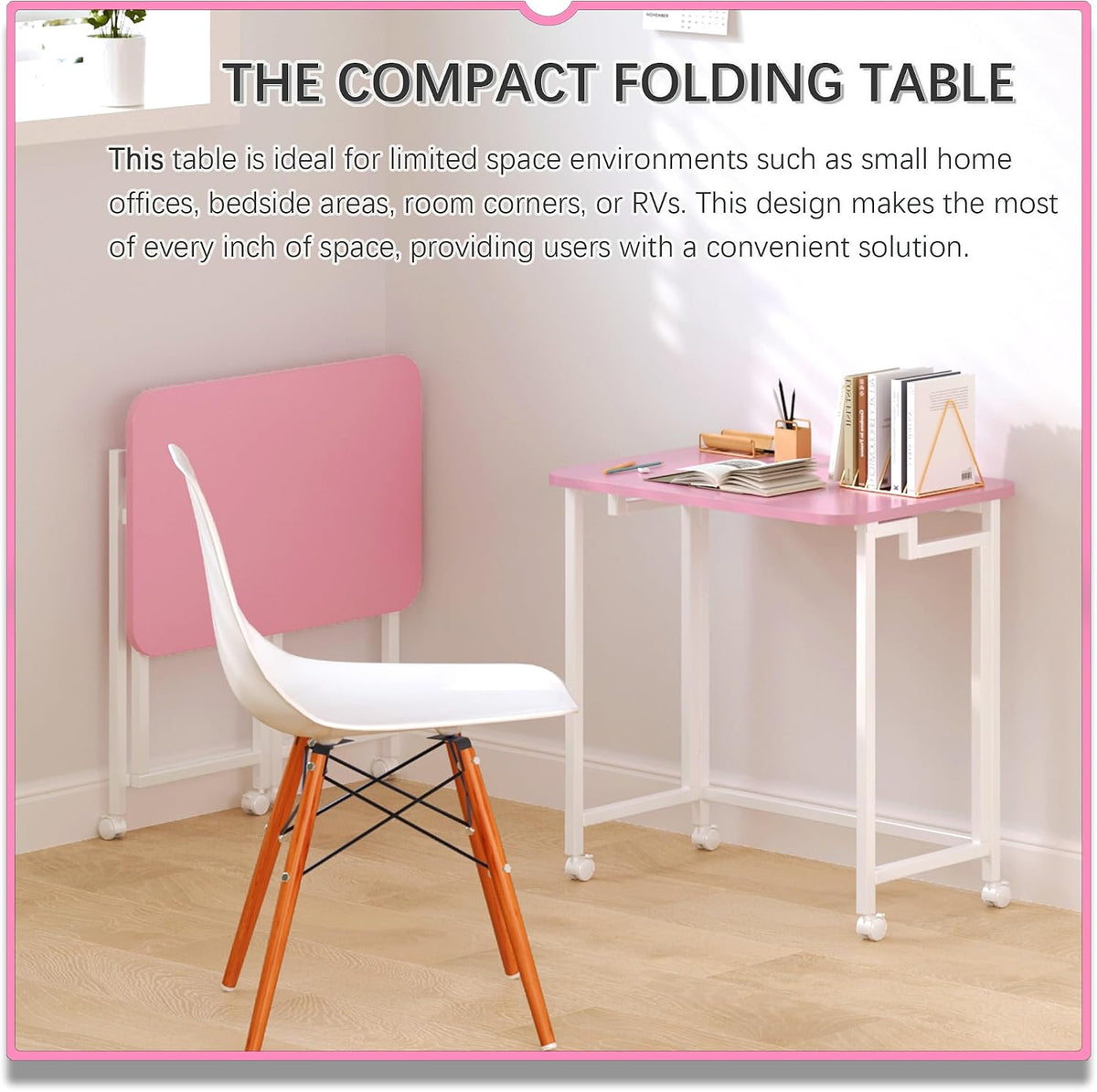 23.6" Mobile Small Rolling Computer Desk, Folding Laptop Cart Table with Wheels, Portable Office Desk for Small Space Couch Bed - Pink and White