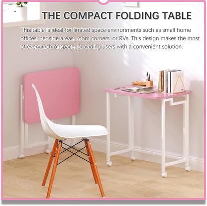23.6" Mobile Small Rolling Computer Desk, Folding Laptop Cart Table with Wheels, Portable Office Desk for Small Space Couch Bed - Pink and White
