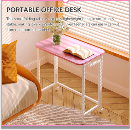 23.6" Mobile Small Rolling Computer Desk, Folding Laptop Cart Table with Wheels, Portable Office Desk for Small Space Couch Bed - Pink and White