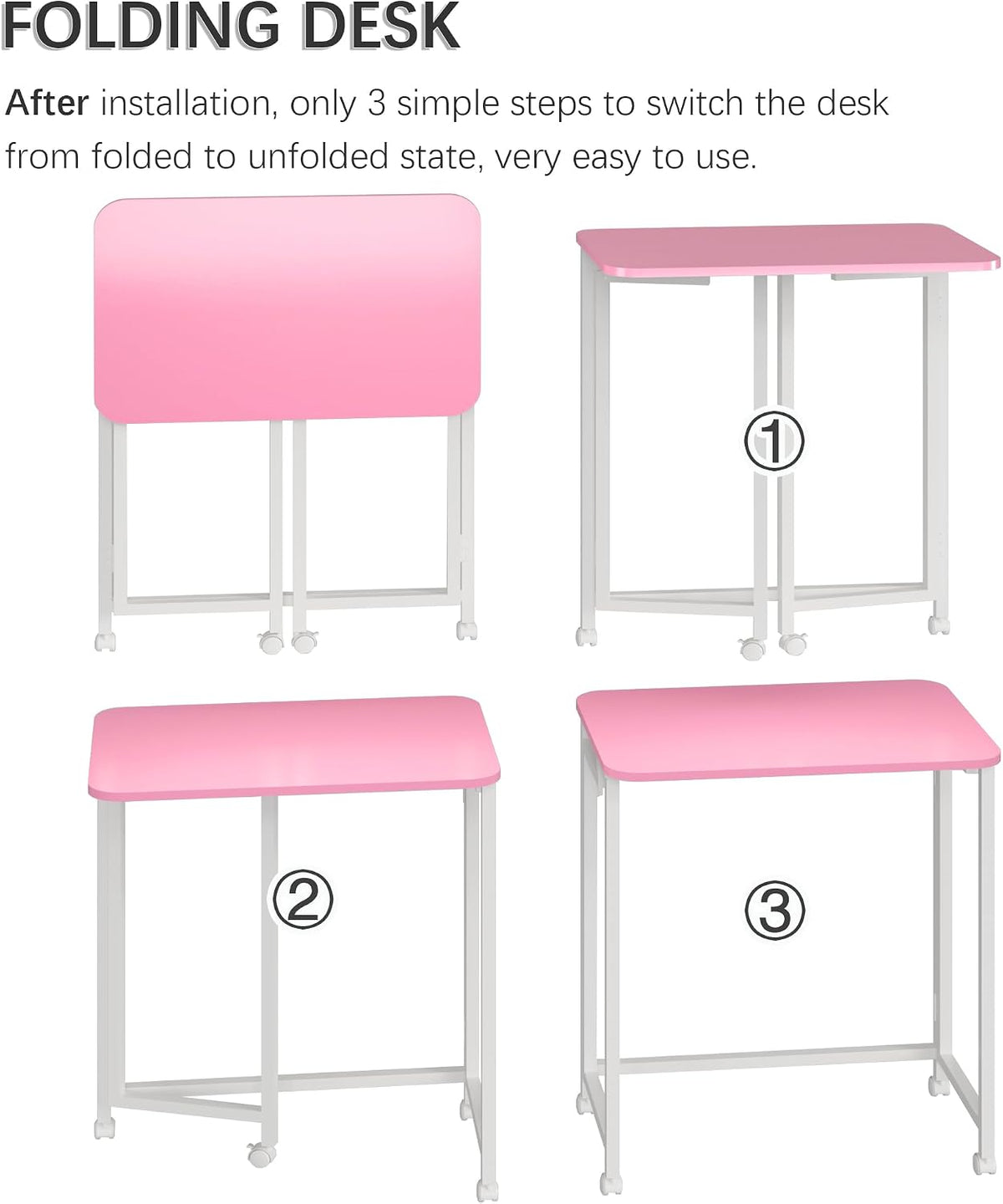 23.6" Mobile Small Rolling Computer Desk, Folding Laptop Cart Table with Wheels, Portable Office Desk for Small Space Couch Bed - Pink and White
