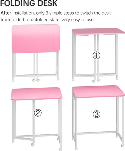 23.6" Mobile Small Rolling Computer Desk, Folding Laptop Cart Table with Wheels, Portable Office Desk for Small Space Couch Bed - Pink and White