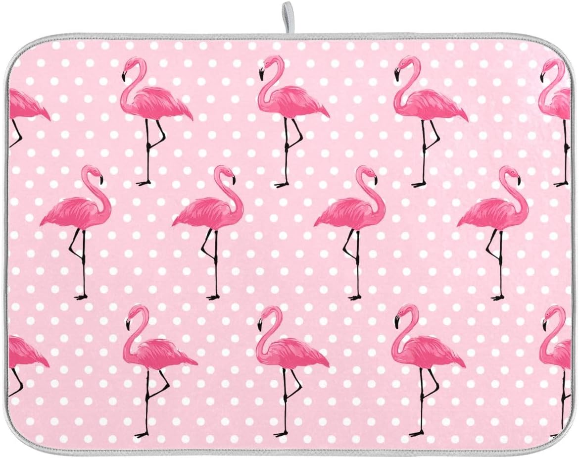 Cute Pink Flamingo Dish Drying Mat for Kitchen Counter Absorbent Heat Resistant Microfiber Dishes Drainer Mat 18x24 in Large Dish Pad Sink Mat Protective Pad Kitchen Decor