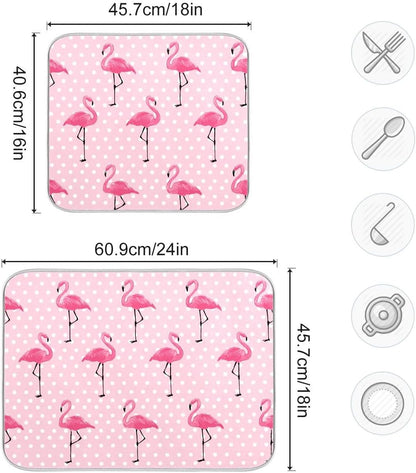 Cute Pink Flamingo Dish Drying Mat for Kitchen Counter Absorbent Heat Resistant Microfiber Dishes Drainer Mat 18x24 in Large Dish Pad Sink Mat Protective Pad Kitchen Decor