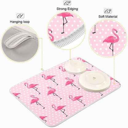 Cute Pink Flamingo Dish Drying Mat for Kitchen Counter Absorbent Heat Resistant Microfiber Dishes Drainer Mat 18x24 in Large Dish Pad Sink Mat Protective Pad Kitchen Decor