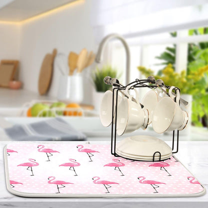 Cute Pink Flamingo Dish Drying Mat for Kitchen Counter Absorbent Heat Resistant Microfiber Dishes Drainer Mat 18x24 in Large Dish Pad Sink Mat Protective Pad Kitchen Decor