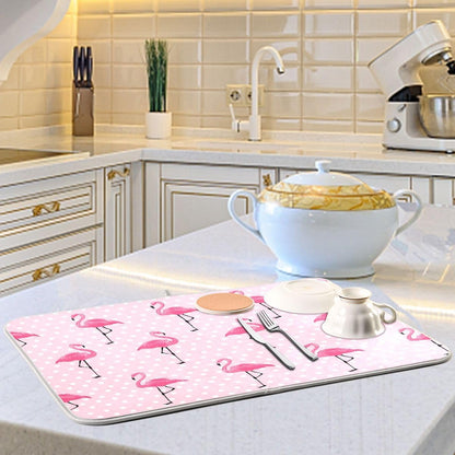 Cute Pink Flamingo Dish Drying Mat for Kitchen Counter Absorbent Heat Resistant Microfiber Dishes Drainer Mat 18x24 in Large Dish Pad Sink Mat Protective Pad Kitchen Decor