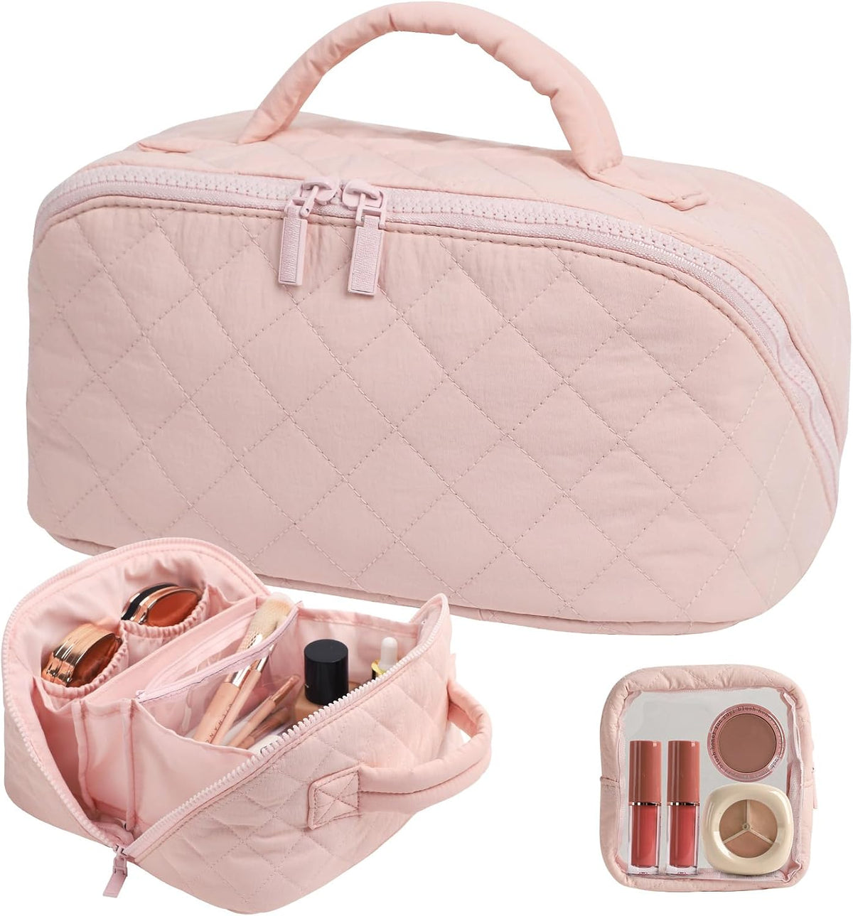 Travel Makeup Bag for Women, Puffer Quilted Open Flat Makeup Organizer with Toiletry Bag, Portable Cosmetic Case for Travel & Daily Use，Pink