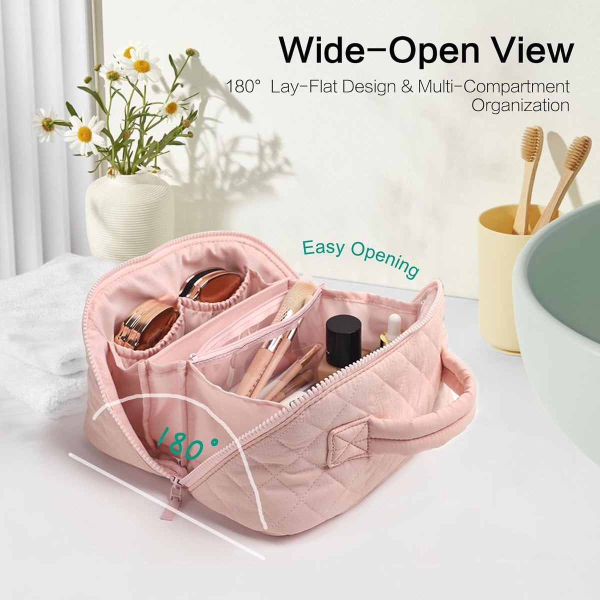 Travel Makeup Bag for Women, Puffer Quilted Open Flat Makeup Organizer with Toiletry Bag, Portable Cosmetic Case for Travel & Daily Use，Pink
