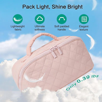 Travel Makeup Bag for Women, Puffer Quilted Open Flat Makeup Organizer with Toiletry Bag, Portable Cosmetic Case for Travel & Daily Use，Pink