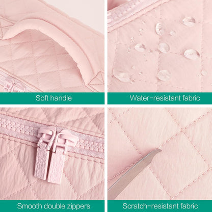 Travel Makeup Bag for Women, Puffer Quilted Open Flat Makeup Organizer with Toiletry Bag, Portable Cosmetic Case for Travel & Daily Use，Pink
