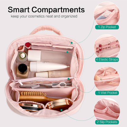 Travel Makeup Bag for Women, Puffer Quilted Open Flat Makeup Organizer with Toiletry Bag, Portable Cosmetic Case for Travel & Daily Use，Pink