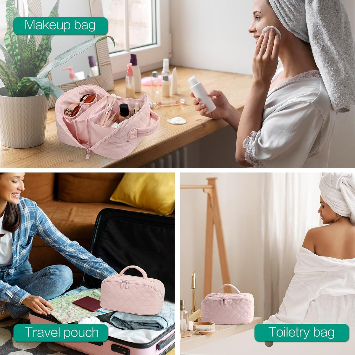 Travel Makeup Bag for Women, Puffer Quilted Open Flat Makeup Organizer with Toiletry Bag, Portable Cosmetic Case for Travel & Daily Use，Pink