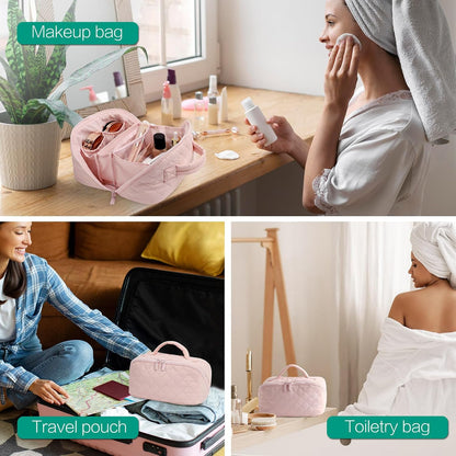 Travel Makeup Bag for Women, Puffer Quilted Open Flat Makeup Organizer with Toiletry Bag, Portable Cosmetic Case for Travel & Daily Use，Pink