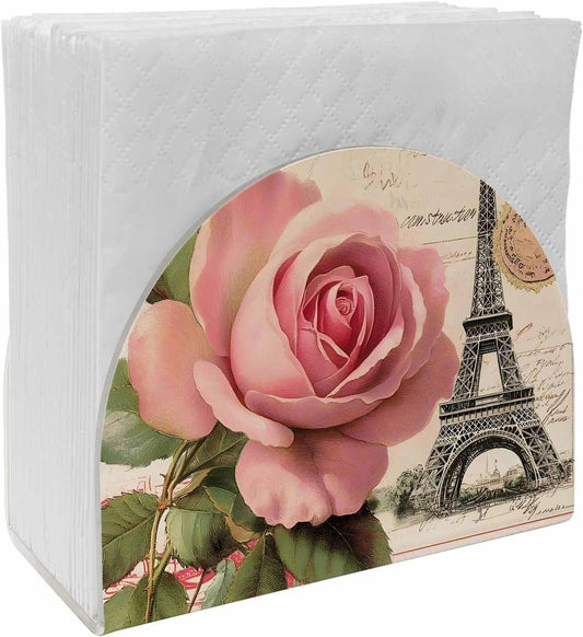Napkin Holder for Table 1 Pack Pink Rose Towel Leaf Acrylic Standing Napkin Holder Vintage Style Upright Tissue Dispenser for Dining Room Kitchen Countertops Indoor & Outdoor Use