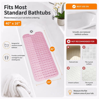 Non Slip Bath Mat for Tub 40x16, Extra Long Bath Tub Mat, Pink
